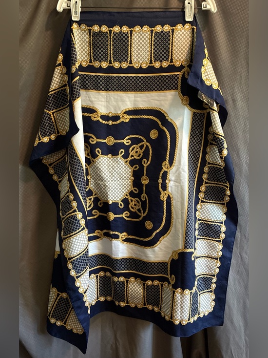 Art of the Scarf Accessories - Art of the Scarf Navy, White & Gold Nautical-Inspired Pattern Scarf; Size 35x35